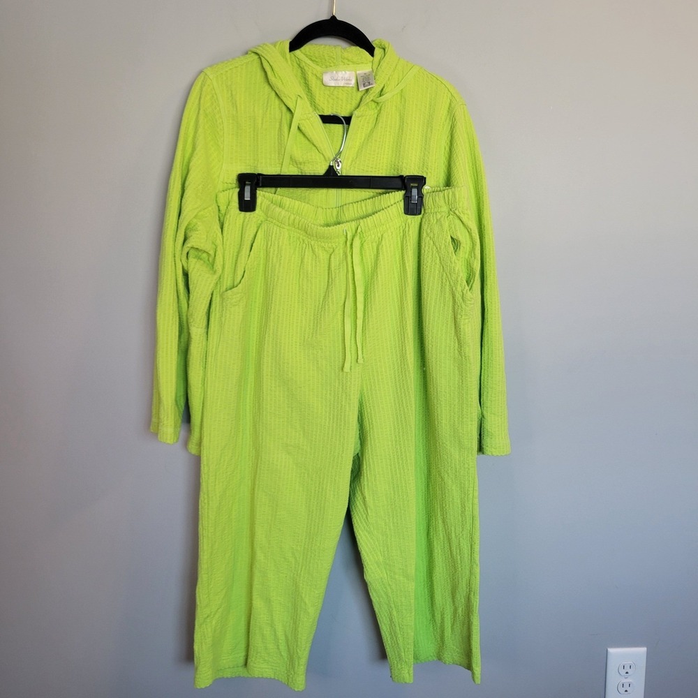 Studio Works Woman Lime Green Seersucker 2pc Lounge Set Zip Hoodie Crop Pants 2X